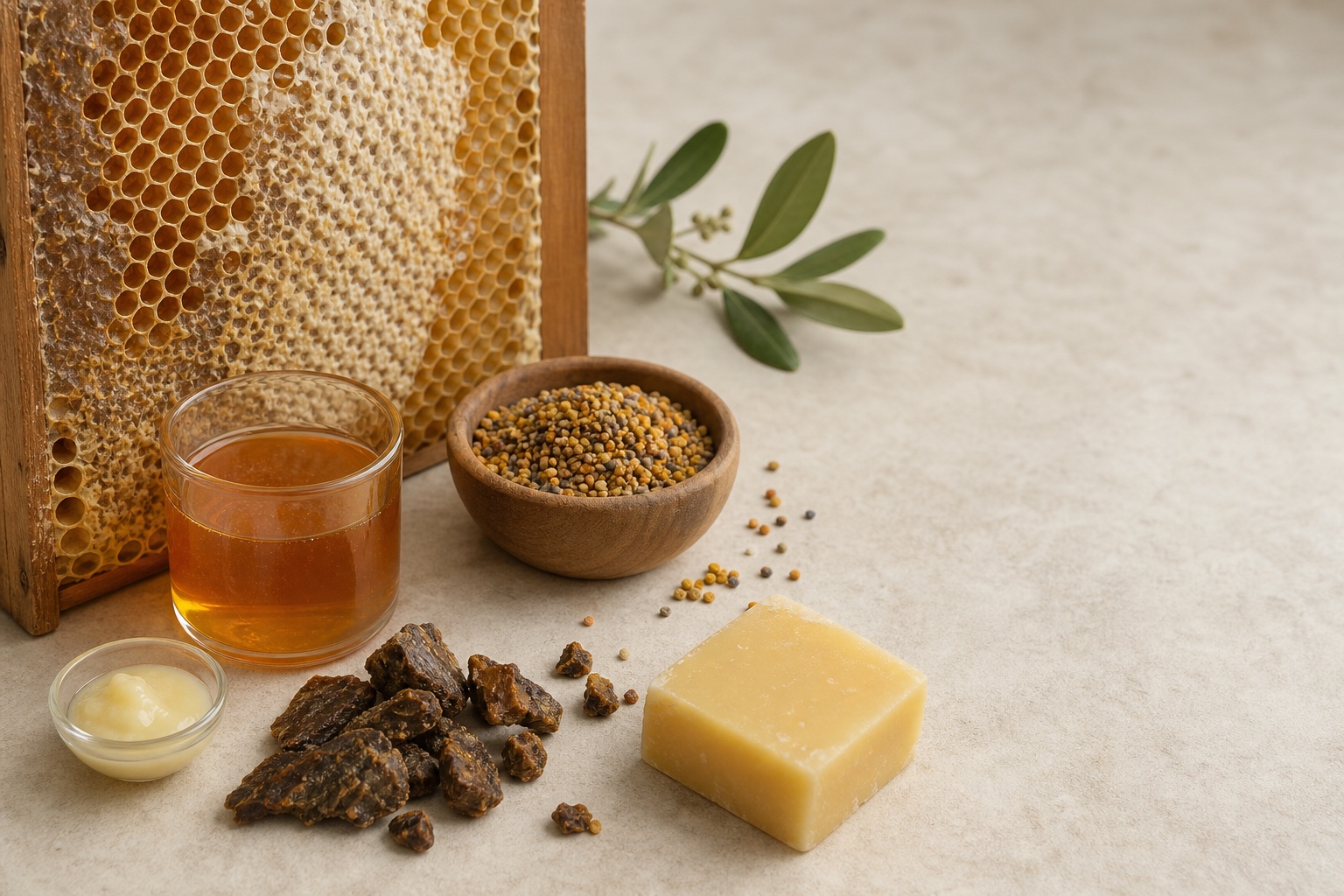 Honigwabe, Honig, Pollen, Propolis, Bienenwachs und Gelée Royale