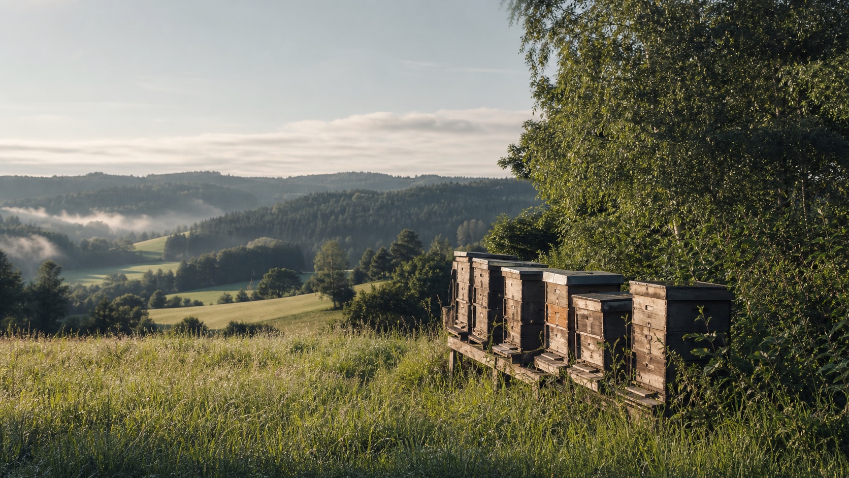 Bienenstöcke in einer Wiese in der Hügellandschaft des Mühlviertels