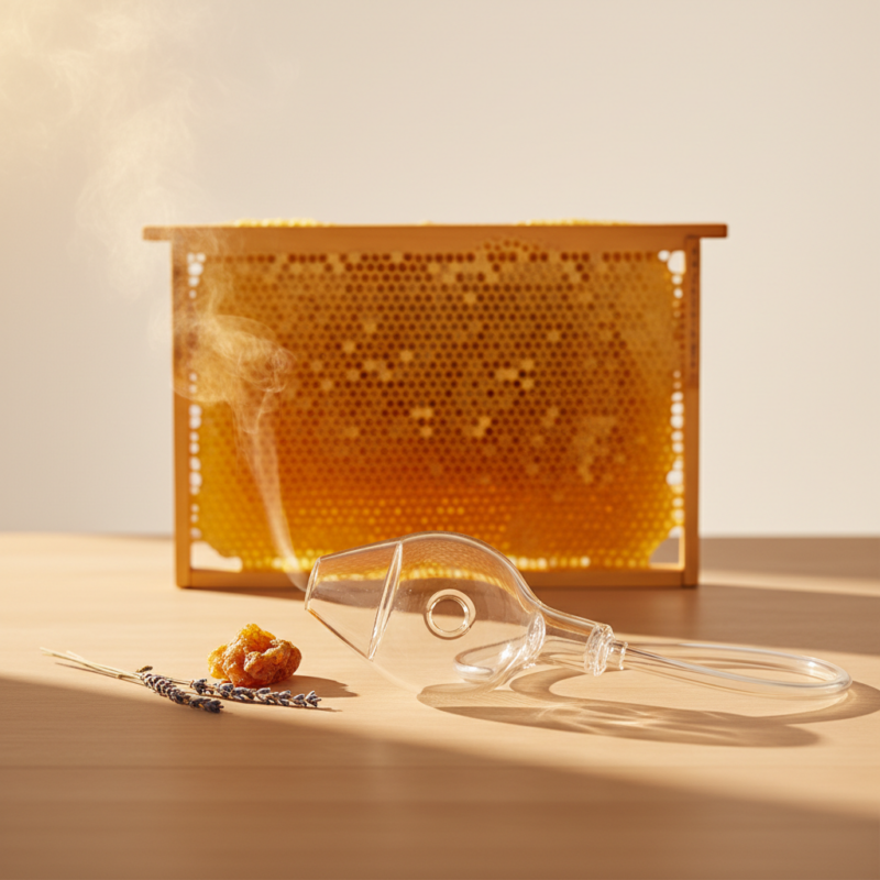 Wabenrahmen mit warmem Dunst, davor eine gläserne Inhalationsmaske mit Propolis und Lavendel – Symbolbild zur Bienenstockluft-Therapie