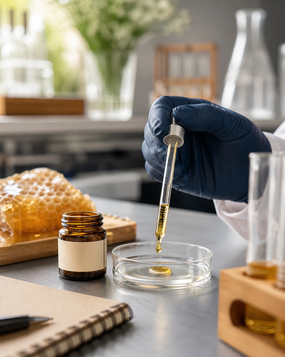 Honig wird zur Qualitätskontrolle in ein Glas gefüllt