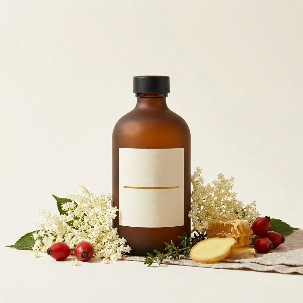 Apipur® Kraft Oxymel – Braunglasflasche mit Holunderblüten, Hagebutte, Thymian und Ingwer